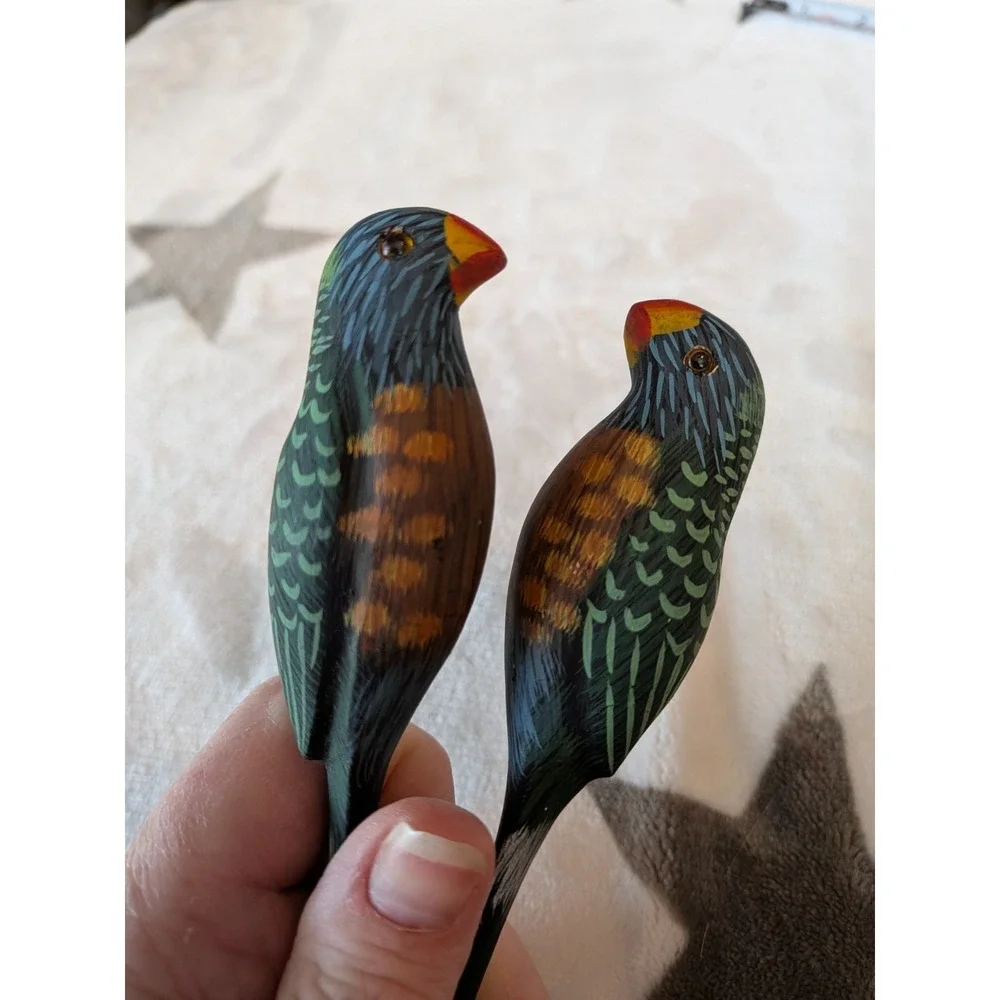 Green Parrot Hand-Carved Hand-Painted Wood Folk Art Bird Letter Opener Glass Eye